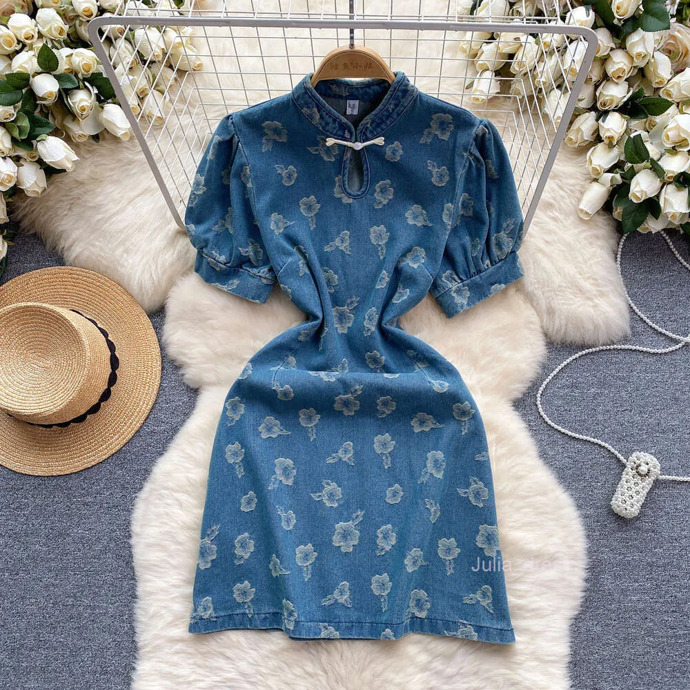 white christmas dresses Chinese-style embroidery denim dress – Rae Jeans main image 0
