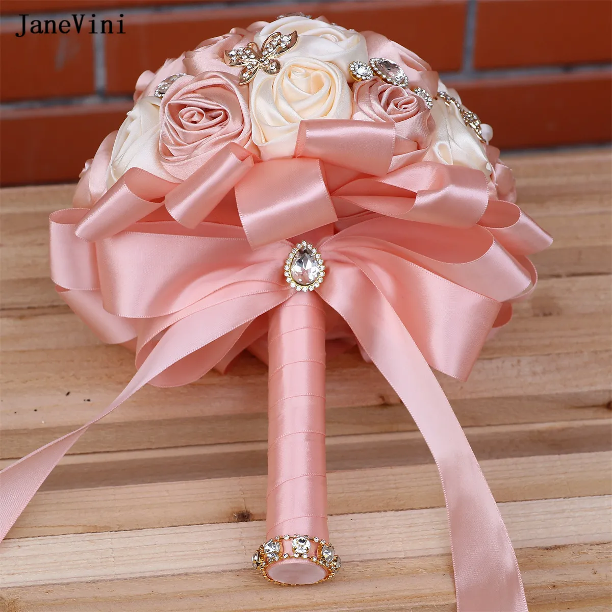 Blush Pink Satin Rose Bridal Bouquet, Luxury Rhinestone Jewelry Bling ...
