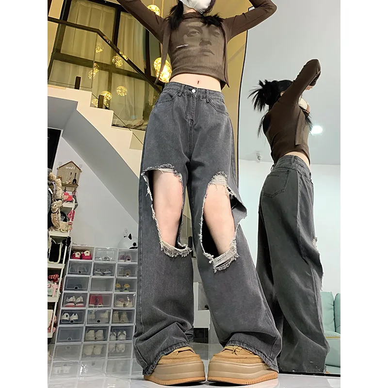 DHgate.com:High-Waist Straight Jeans: Ripped Denim Y2K