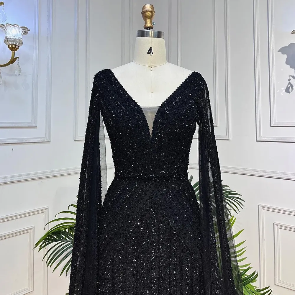 Black Arabic Cape Sleeve Evening Dress Floor-Length Beaded Tulle Gown with  Court Train for Women from Dhgate Evening Dresses - price 272.3