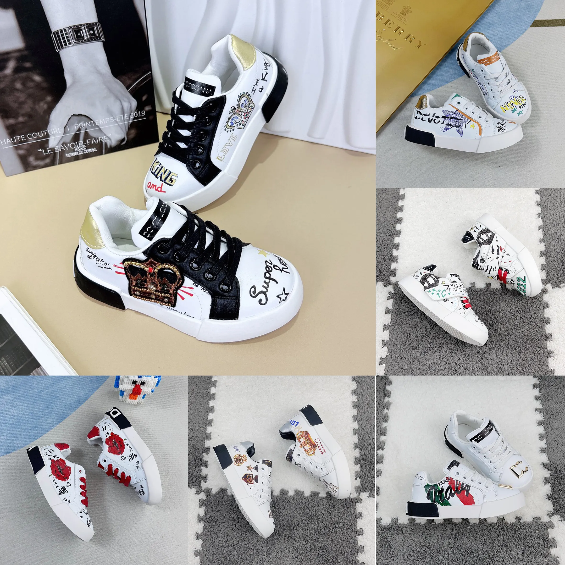 Designer Sneakers Kids Shoes boys girl running shoes Rubber Sole Soft Calfskin Leather Lace up Trainers Sports footwear Children casual shoes