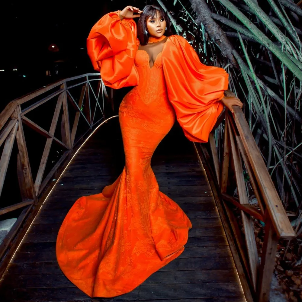 Orange Lace Mermaid Evening Dress with Puffy Long Sleeves and High Neck,  Tulle Satin Sweep Train Gown for African Women and Black Girls from Dhgate  Evening Dresses - price 142.32