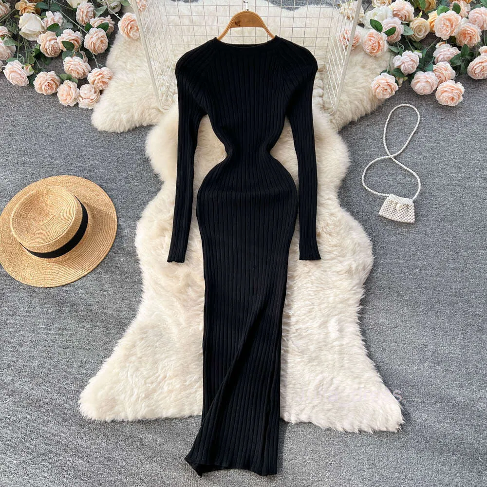 Women's Slim Fit Long Sleeve Round Neck ribbed midi dress with Waist Tight Wrap and Hip Skirt - Autumn/Winter Style (250326W) Women's Slim Fit Long Sleeve Round Neck ribbed midi dress with Waist Tight Wrap and Hip Skirt - Autumn/Winter Style (250326W)
