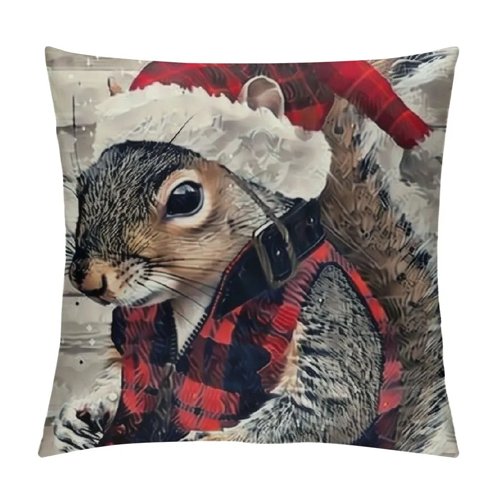 Christmas Squirrel Throw Pillow Covers - Red Buffalo Grid Cap Rustic ...