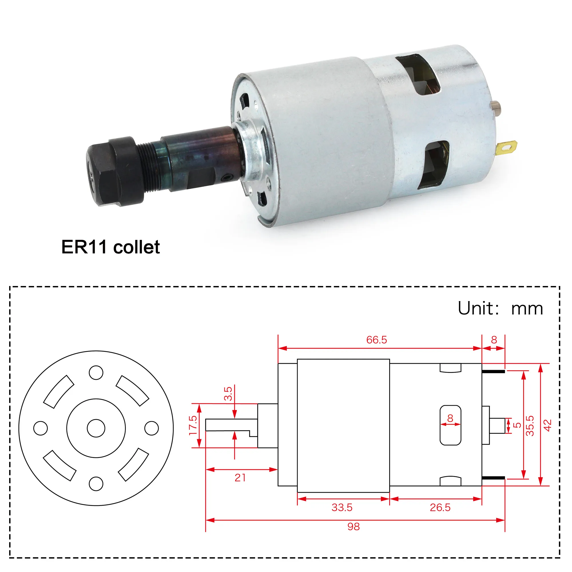 Motore Mandrino CNC 775 – 100W, 12-24V DC, 20000 RPM, Con Pinza ER11 E Staffa, Per Mini CNC 3018 E Pro-Max