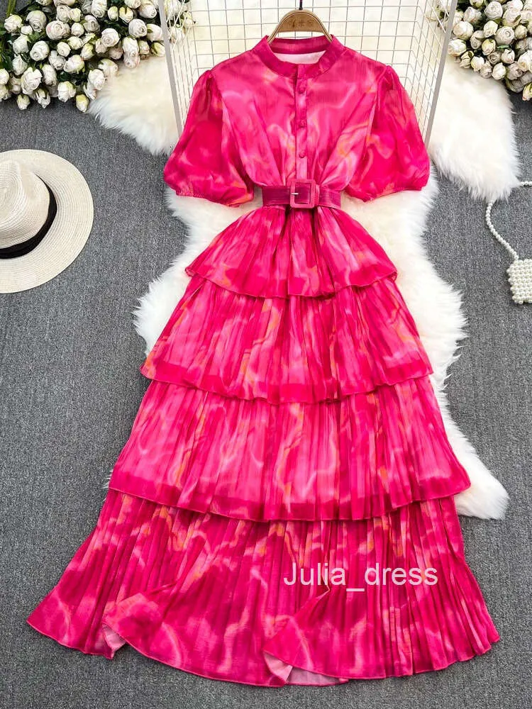 Gentle And Elegant Bubble Sleeve Tie Dyed A Line Dress Stand Up Neck, Waist  Wrap, Slim Fit, Mid Length Cake Style From Sunshine_girls, $38.73 In Bulk |  DHgate.Com