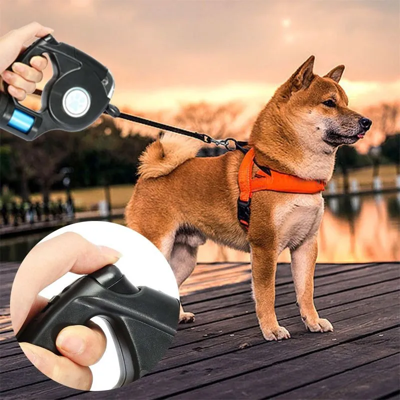 Retractable dog leash with flashlight and bag holder shop