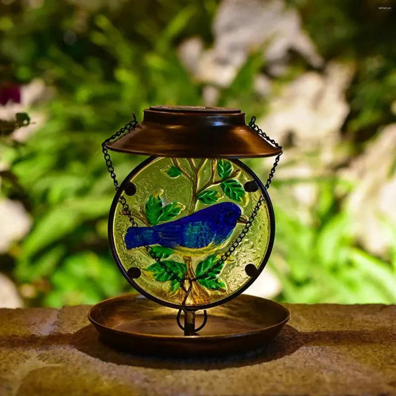 DHgate Solar Powered Blue Vintage Glass Bird Feeder Light Outdoor Hanging Decor Pet Supplies