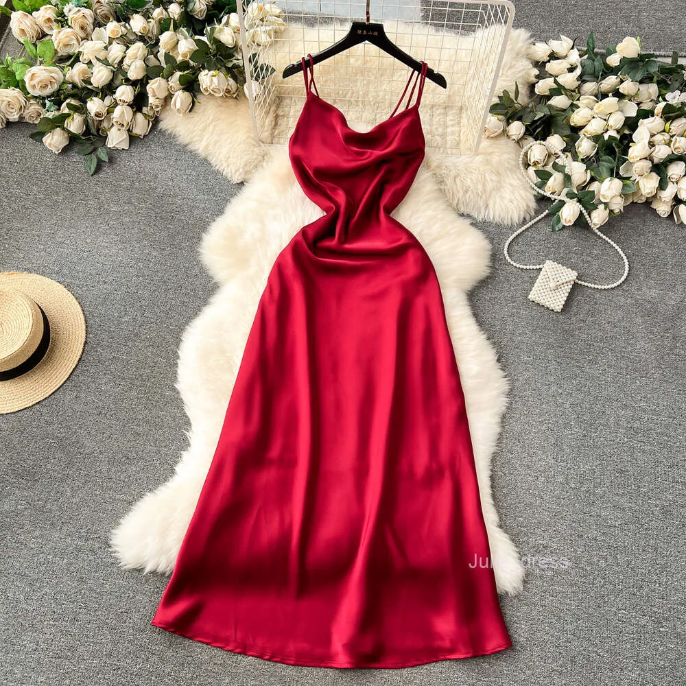 Red satin cami dress deals