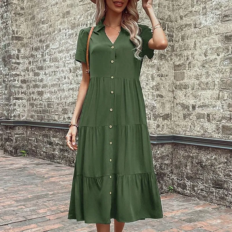 Casual Dresses Womens Button Up Shirt Summer Short Sleeved V Neck Solid Color Midi Dress