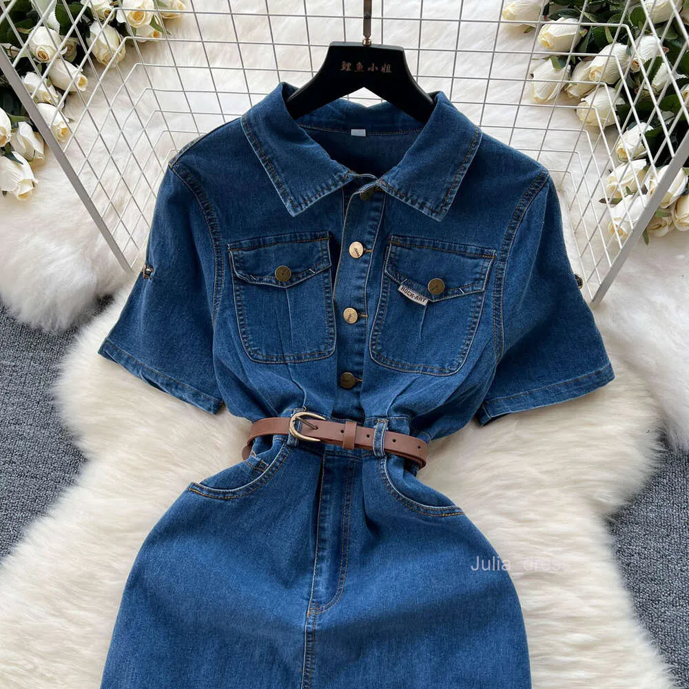 white christmas dresses Korean Style] Long Sleeve Single Breasted Denim Dress w/ Belt – Ordicle main image 1