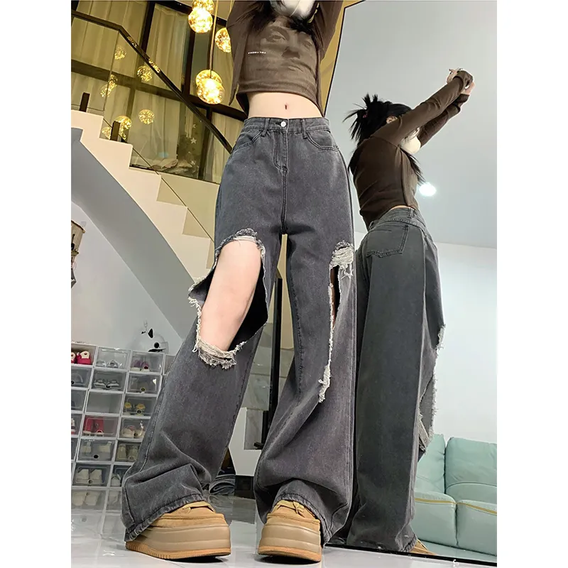 High-Waist Straight Jeans: Ripped Denim Y2K Grunge Hip-Hop Trousers for  Women