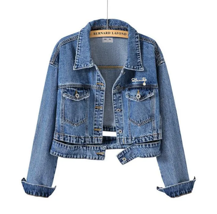 CH6088 Long Sleeve Lapel Neck Denim Jacket with Rhinestone Brooch Detail  for Women