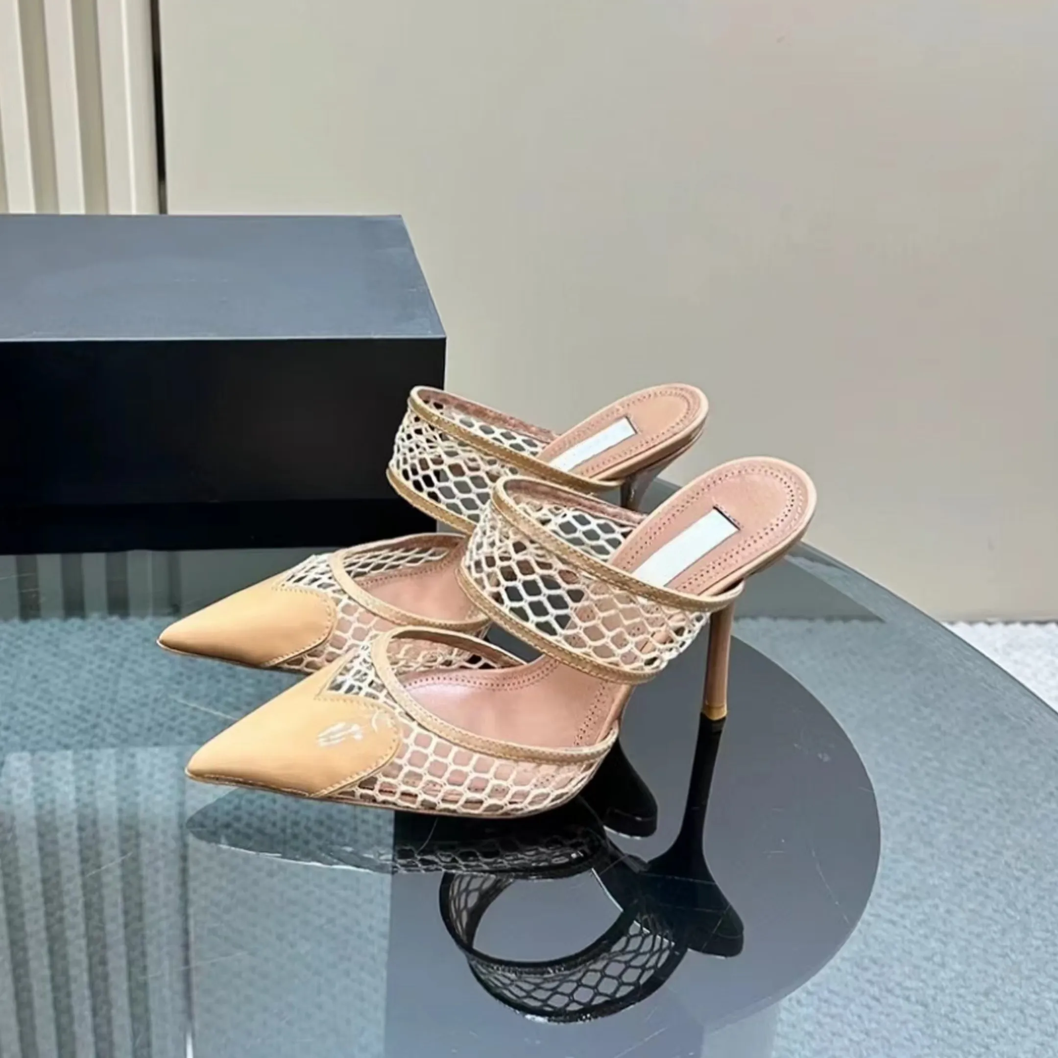 DHgate Sexy Cut Out Glitter Crystal Mesh Heels Pointed Toe Love Sandals for Women with Box Shoes Accessories