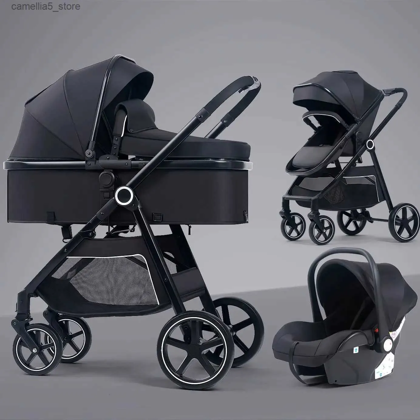 Three in One Convertible Baby Stroller with Reversible Seat and Detachable Car Seat Q240529