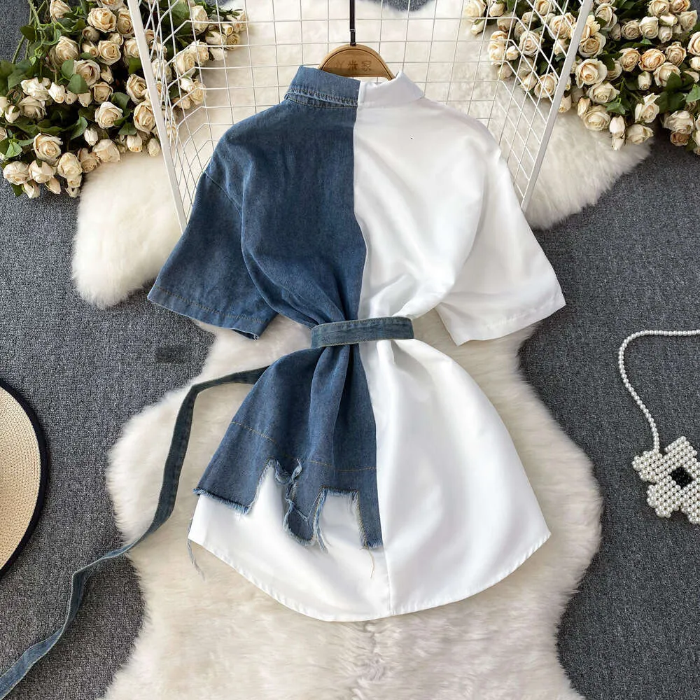 Drawstring Waist Denim Dress with Contrast Lapel and Stand Collar, Slim  A-Line, Mid-Length, Short Sleeve, Polyester, White and Blue from Dhgate  Womens T-Shirt - price 35.87