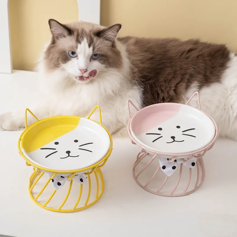 Ceramic High Foot Cat Bowl with Neck Guard and Shallow Mouth Large Caliber cat food dish for Garfield Special Occasions and Snacks