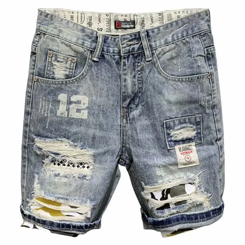 Short tendance pour homme, jeans droits, serrés, décontractés, hip hop, street, pantalon déchiré, patch, lettre imprimée, denim_voghion.com