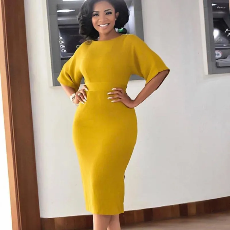 DHgate Elegant Plus Size Pencil Dress Summer Solid Mid Calf Slit Office Lady Fashion Apparel