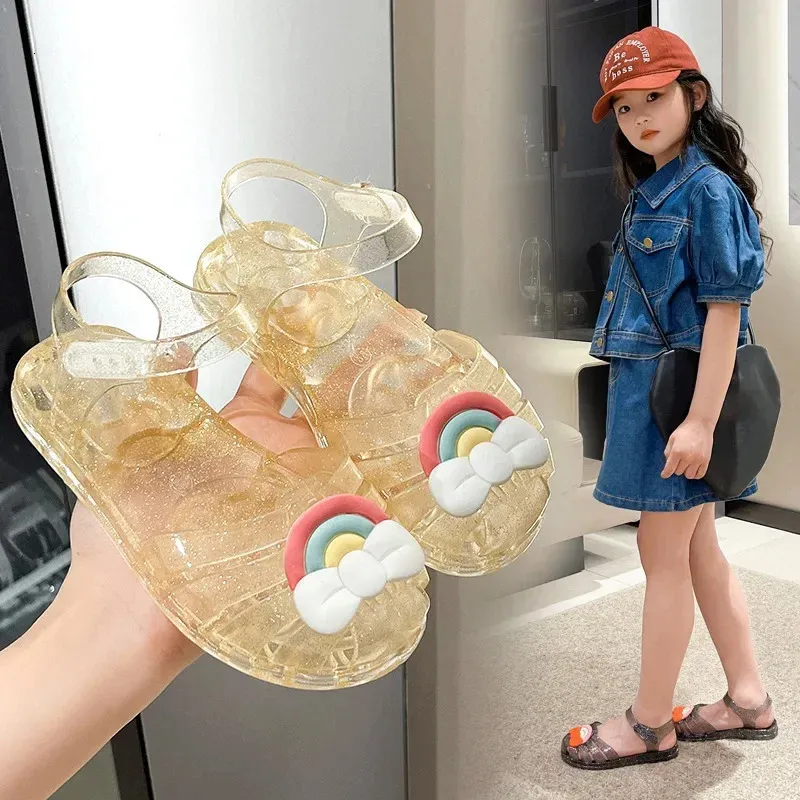 Rainbow Bow Jelly Sandals for Girls Colorful Summer Beach Shoes