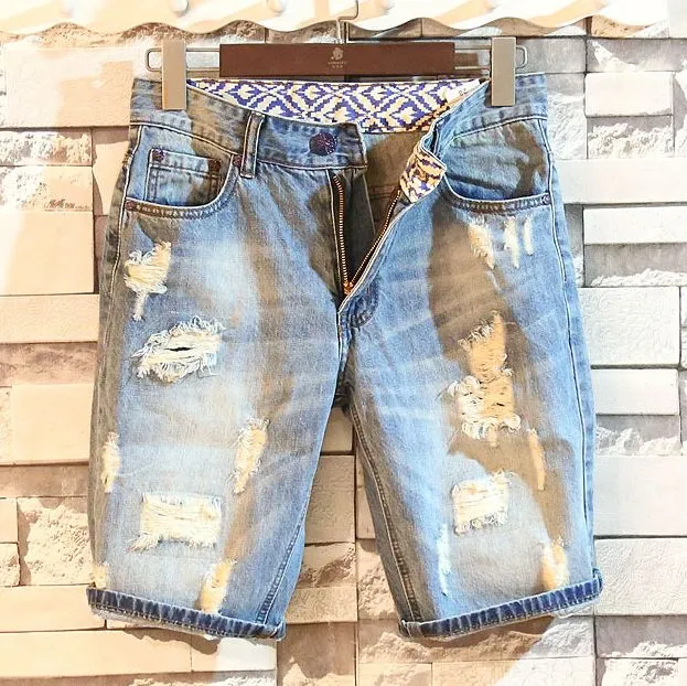 Short tendance pour homme, jeans droits, serrés, décontractés, hip hop, street, pantalon déchiré, patch, lettre imprimée, denim_voghion.com