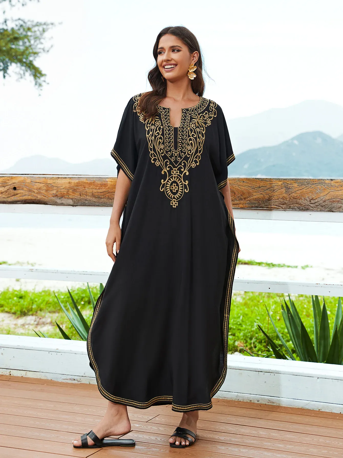 Kaftan Dress for Women Embroidered Short Sleeve V-neck Plus Size Rayon Beach  Cover-Up from Dhgate Ethnic Clothing - price 29.93