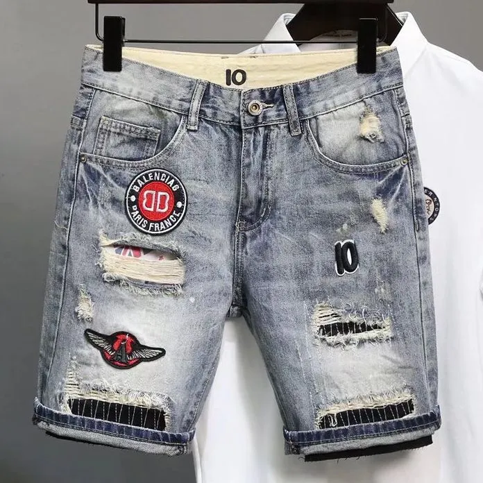 Short tendance pour homme, jeans droits, serrés, décontractés, hip hop, street, pantalon déchiré, patch, lettre imprimée, denim_voghion.com