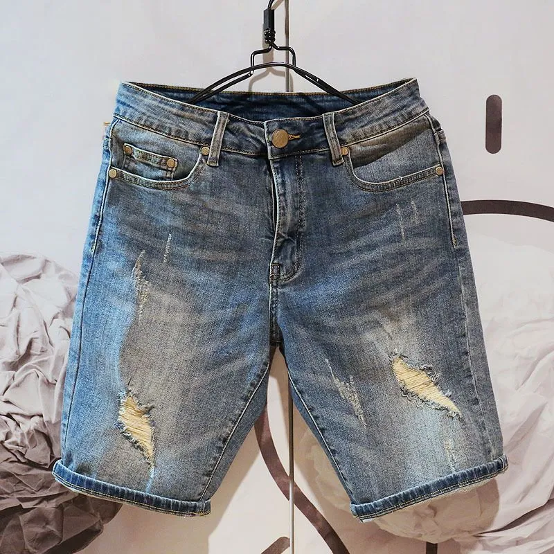 Short tendance pour homme, jeans droits, serrés, décontractés, hip hop, street, pantalon déchiré, patch, lettre imprimée, denim_voghion.com