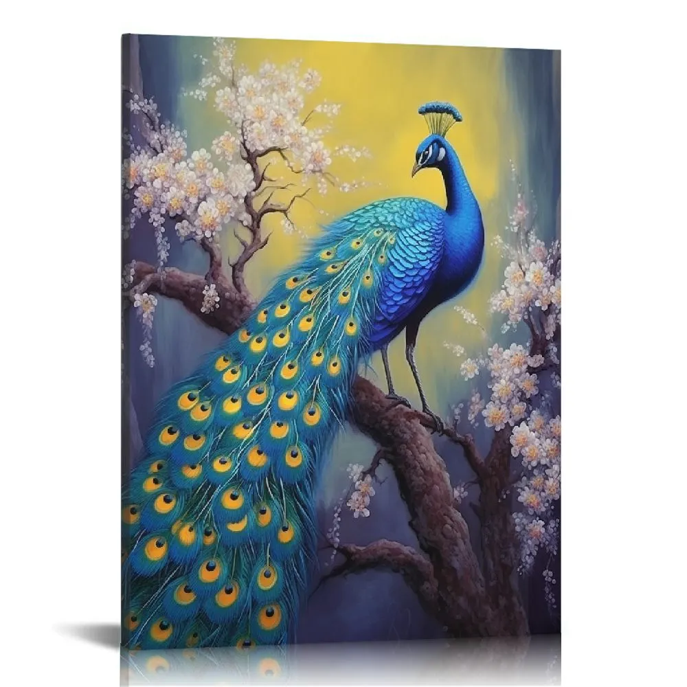 Peacock Canvas Wall Art Framed Purple Peacock Painting Prints for