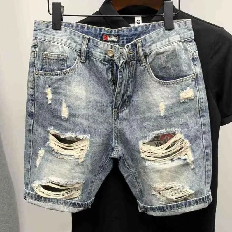 Short tendance pour homme, jeans droits, serrés, décontractés, hip hop, street, pantalon déchiré, patch, lettre imprimée, denim_voghion.com