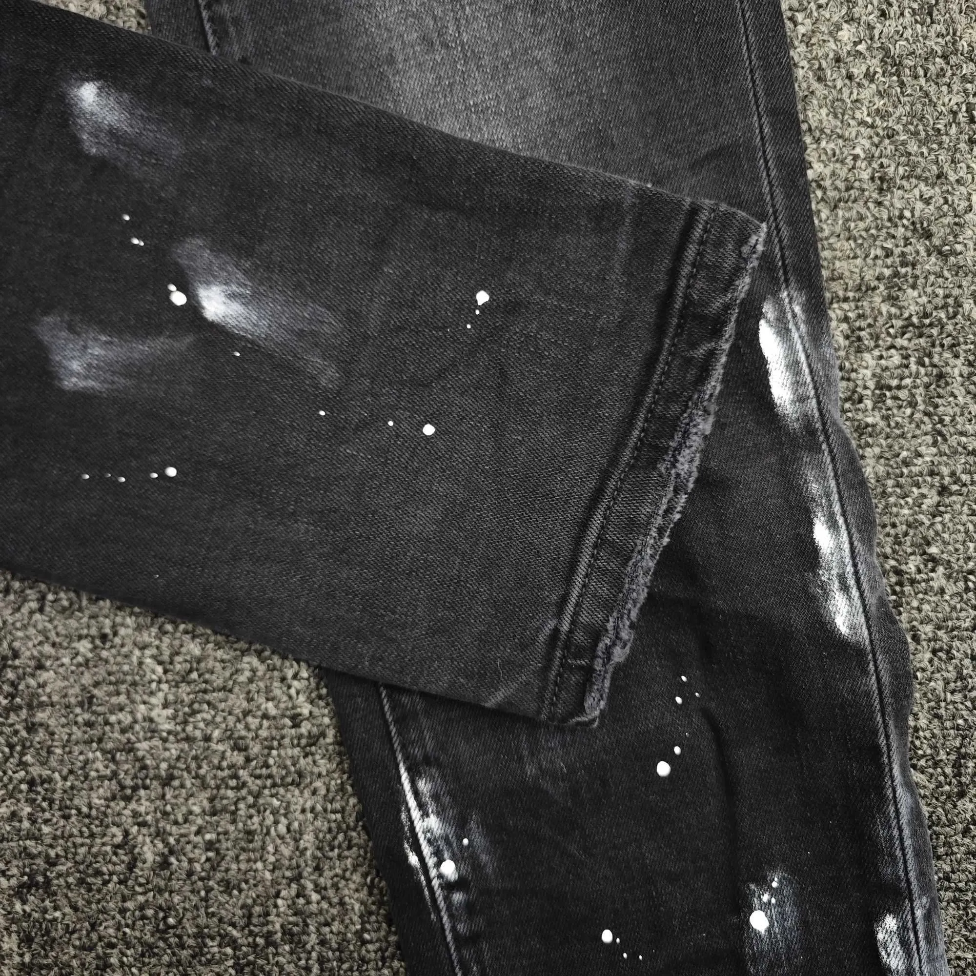 Jeans da uomo di alta qualità con spacco sul ginocchio in resina nera viola e vita bassa, pantaloni da uomo americani, nuova tendenza alla moda_voghion.com