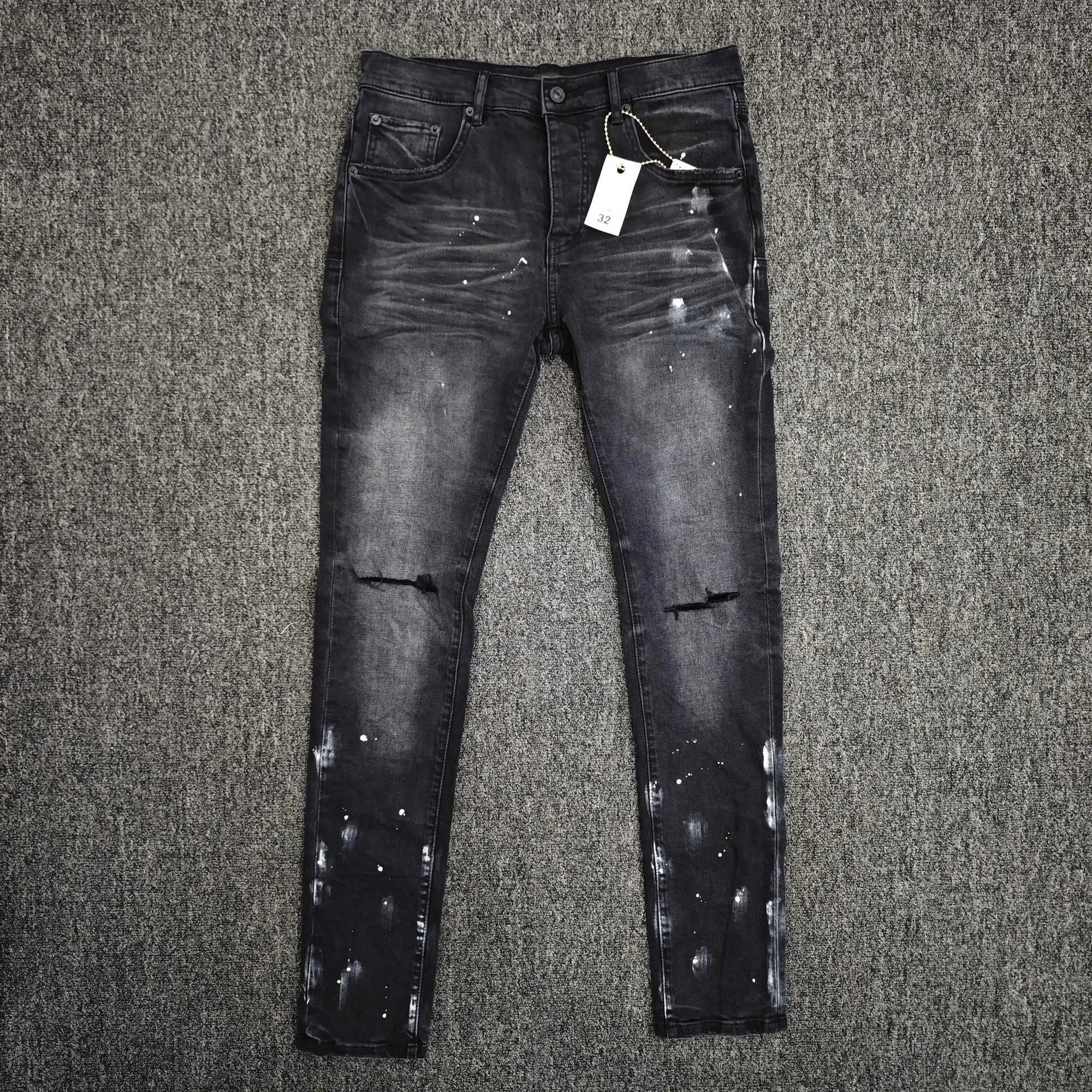 Jeans da uomo di alta qualità con spacco sul ginocchio in resina nera viola e vita bassa, pantaloni da uomo americani, nuova tendenza alla moda_voghion.com