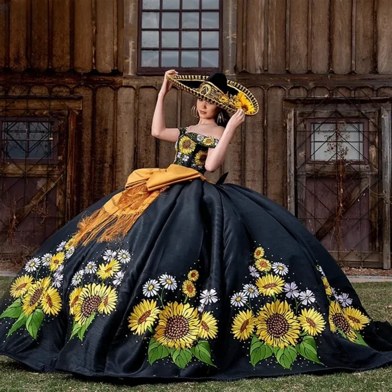 Mexican Quinceanera Dresses 15 Anos Off Shoulder Satin Embroidery Puffy  Charro Sweet 16 Gowns