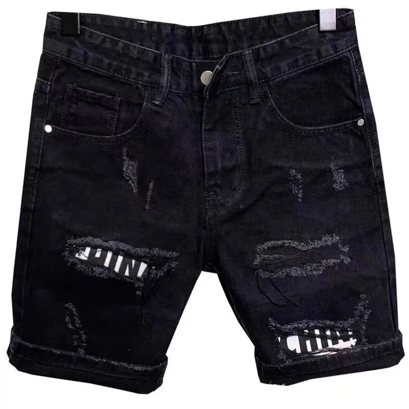 Short tendance pour homme, jeans droits, serrés, décontractés, hip hop, street, pantalon déchiré, patch, lettre imprimée, denim_voghion.com