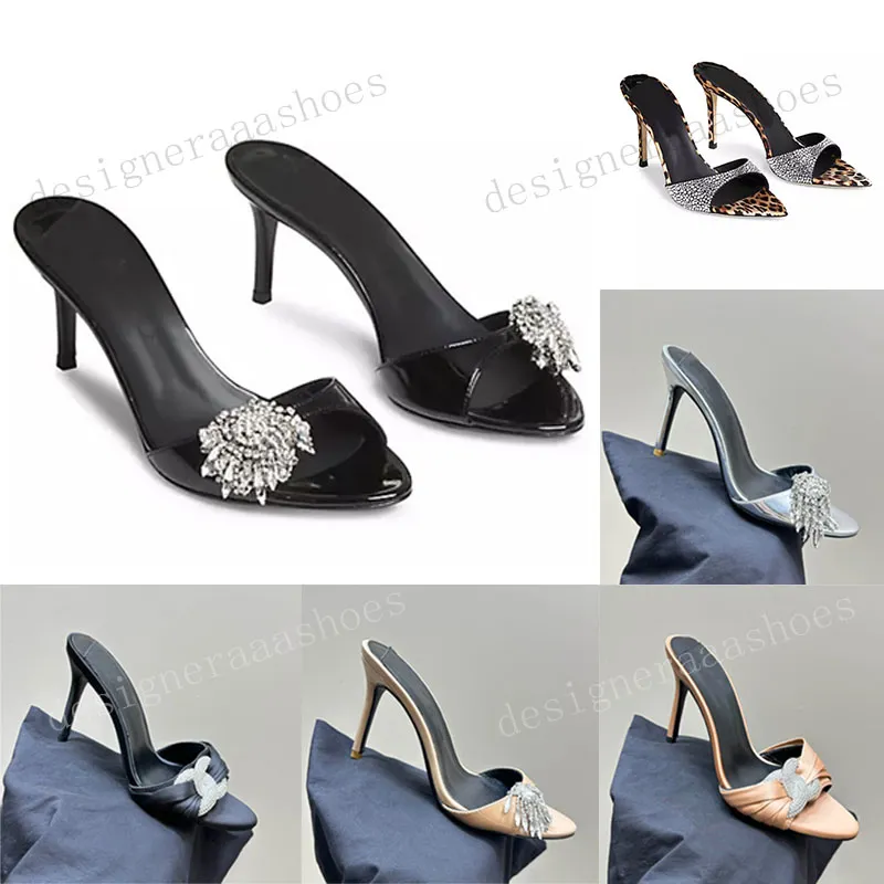 Patent Leather Stiletto Heel Slides Jeweled Brooch High Heel Mules for Women