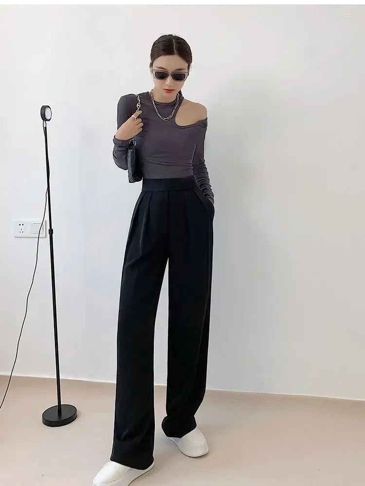 即日発送　DARKFOG Wide-leg Pleats Trousers Womens Summer Spring Pants, Black Festival Loose Straight