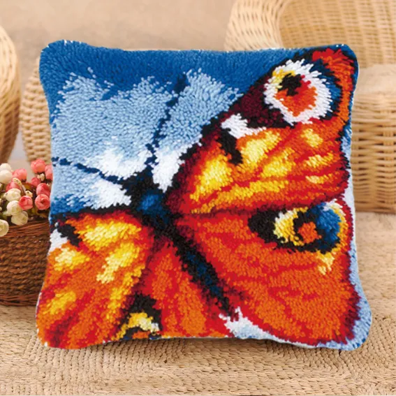 Purple Butterfly Latch Hook Kits Pillow DIY Rug Crochet Hook Cushion Making Kits With Preprinted Pattern Canvas Instruction Yarns And Latch Hooking