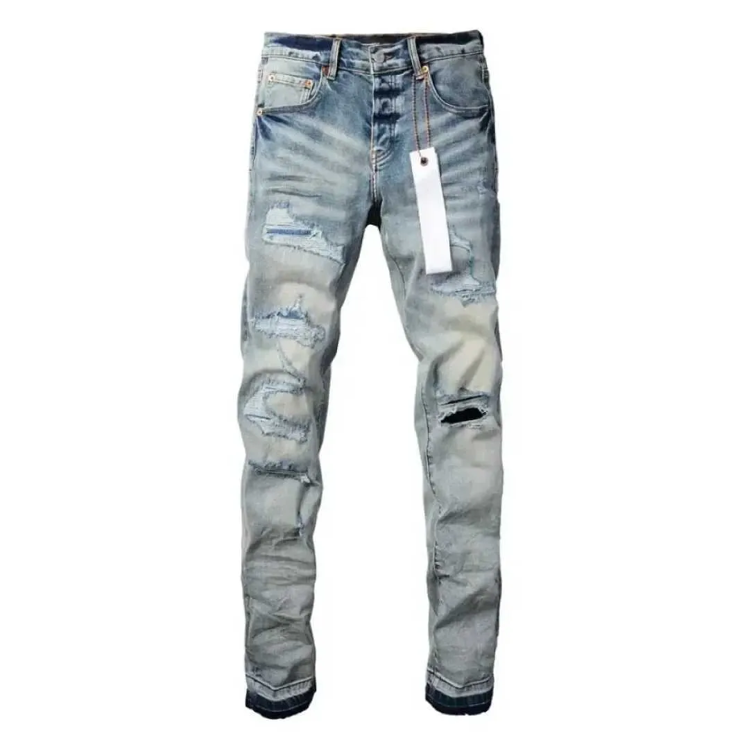 Jeans viola da uomo High Street con toppe bucate rovinate, pantaloni alla moda, pantaloni skinny a vita bassa, 9013_voghion.com