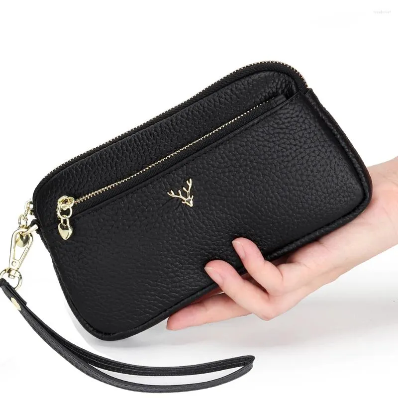 Wallets Genuine Leather Women Long Card Holder Clutch Bag Female Wrist Bags Strap Solid Wallet Designer Cowhide Phone Purse