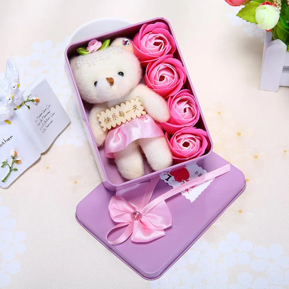 Soap Flower Set with 4 Roses and Small Bear in Metal Gift Box for ...