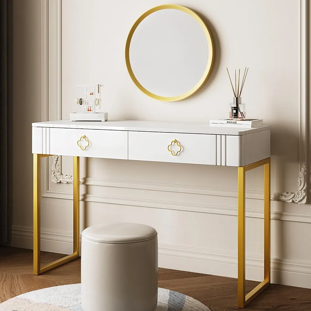 Elegant Gold White Vanity Desk with 2 Drawers Bedroom Dressing Table Console for Home Entryway