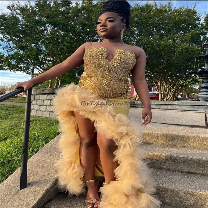 Gold Diamond Prom Dresses for Black Girls Mermaid Plus Size High Slit Evening Gowns