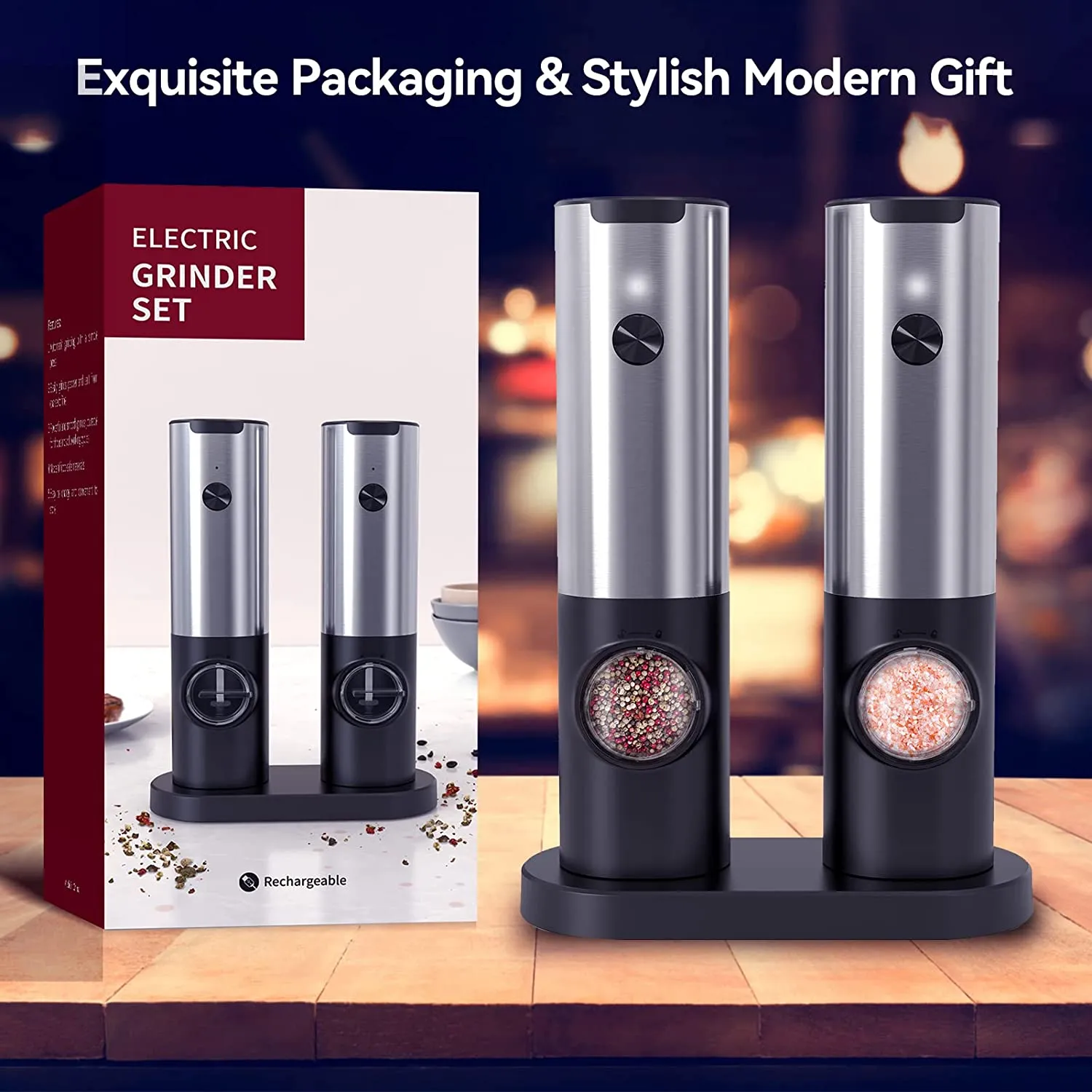 Electric Salt & Pepper Grinder Set – Rechargeable With LED Light – Easy One-Hand Operation - View #5