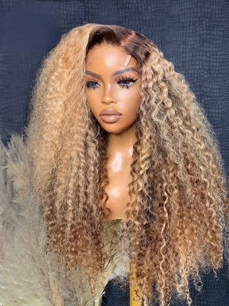 Ombre Honey Blonde Kinky Curly Lace Front Wig - 30 Inch Deep 