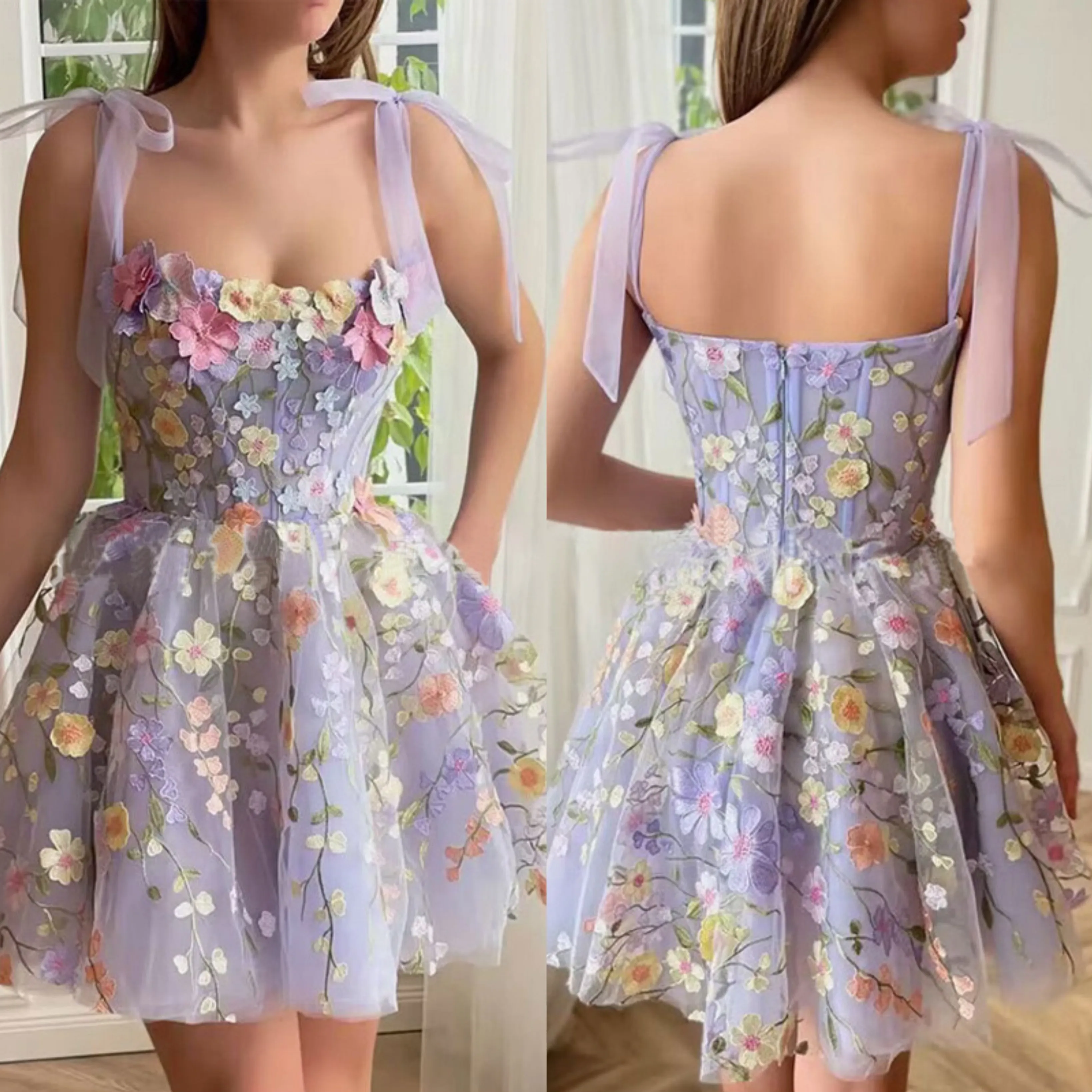 Lavender A Line Cocktail Dress with Bow Detail Spaghetti Straps and Appliques Elegant Mini Party Gown for Prom Graduation and Homecoming Events