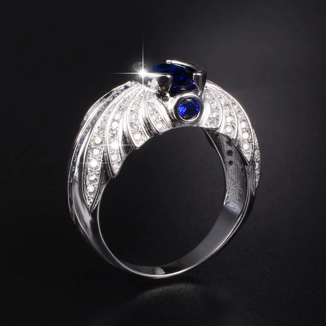 Exquisite Angel Wing Blue Sapphire Ri 925 Sterling Silver Men's Ring