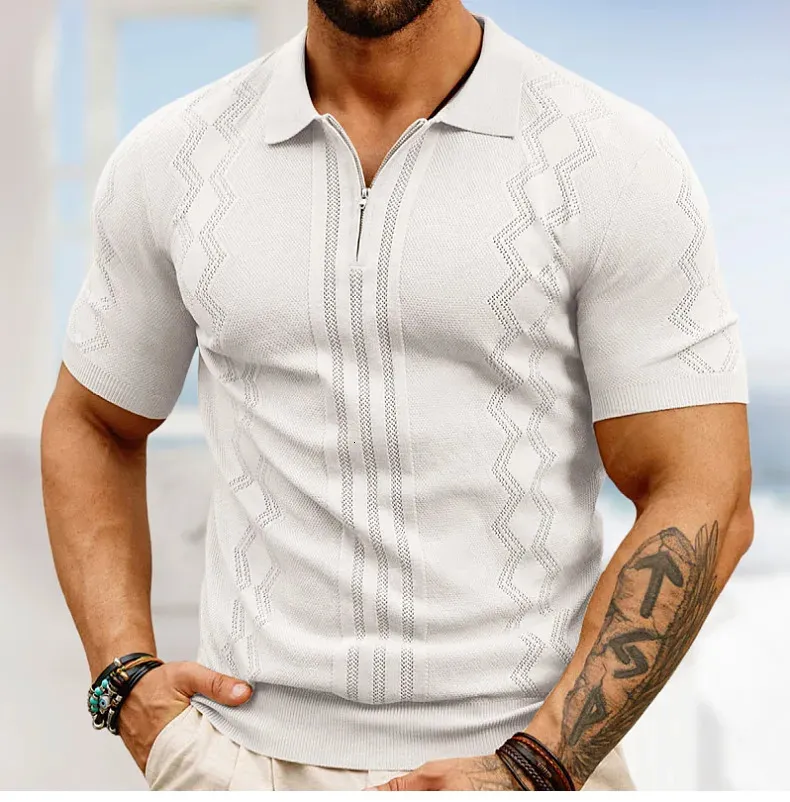 Mens Short Sleeve Polo Shirt Vintage Jacquard Breathable Business
