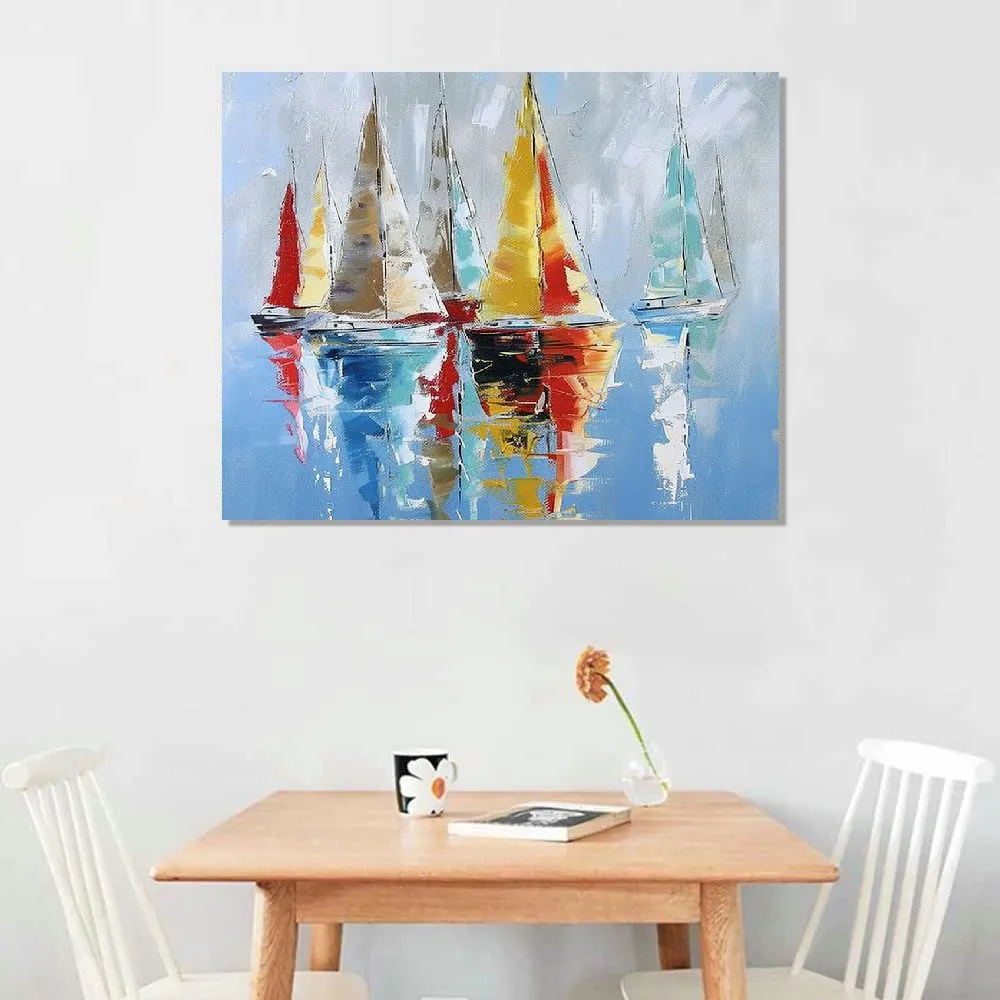 絵画 flk040085 Abstract Sailboat Canvas Wall Art: Hand-Painted Ocean
