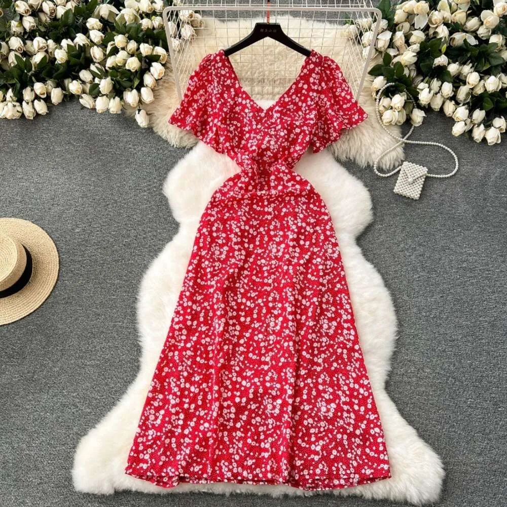 2024 Summer Sexy Backless Tea Break French Floral Midi Dress for Women - Slim Fit Floral Holiday Gown with Strap