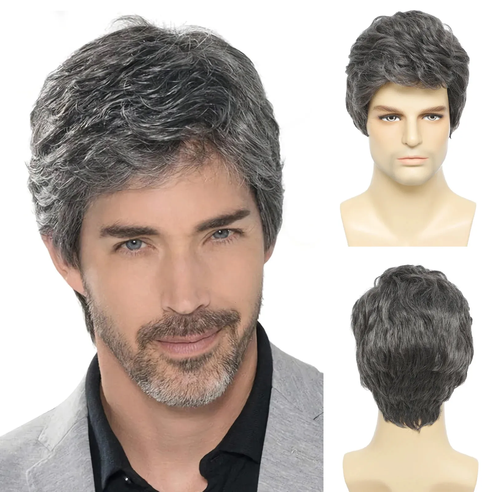 DHgate Layered Short Grey Mens Wig Natural Hair Costume Synthetic Wig for Men Hair Products